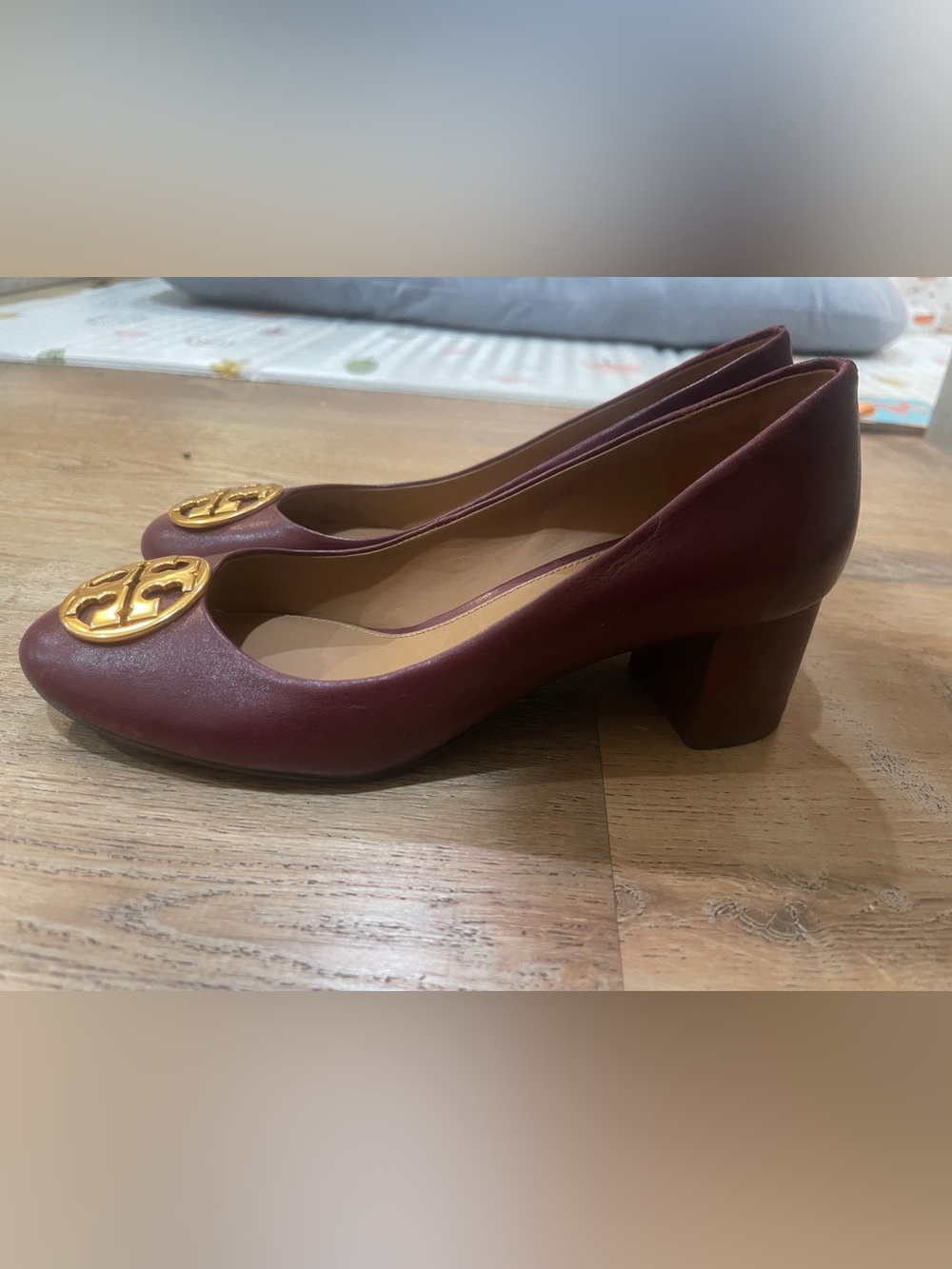 Tory Burch Burgundy Leather Block Heel Pumps with Gold Logo
